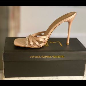 Light Nude Satin Rhinestone High Heel Slide Sandals